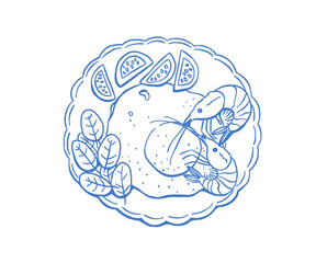 Detailed hand-drawn breakfast plate with eggs, greens, and bread, stylish Mediterranean cuisine concept, delicate blue line art, healthy meal idea, elegant artistic illustration