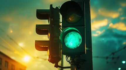 Green traffic light at sunset.
