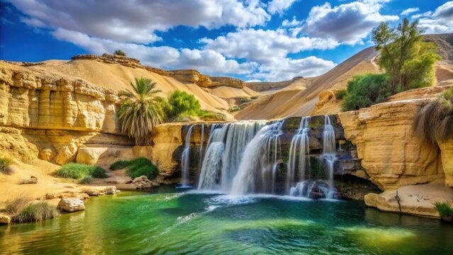 Majestic waterfall cascading down a rocky cliff amidst lush greenery and sandy dunes in Wadi El Rayan