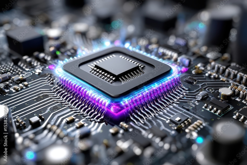 Poster modern microprocessor situated on a circuit board with colorful lighting effects
