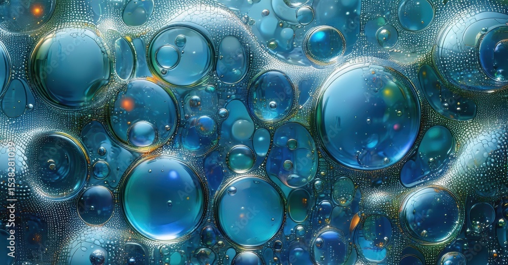 Poster abstract fluid composition. blue tones dominate, showcasing diverse bubble sizes, textures, light re