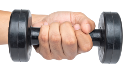 Hand holding a black dumbbell Isolated on Transparent or White Background