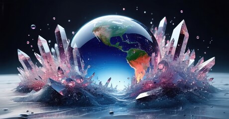 Obraz premium Earth emerging from crystal formation. Vibrant colors, dramatic lighting, surreal scene depicting planets birth or renewal.