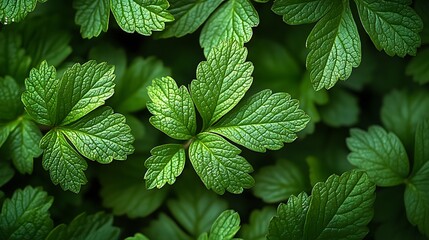 Detailed green plant leaves overlapping in a symmetrical nature-inspired pattern high resolution image