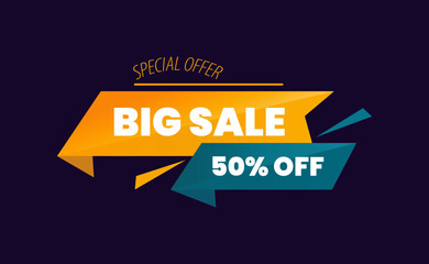 Minimalist Geometric Sale Banner with Ribbons Emphasizing Big Discount, Special Offer, and 50% Off. Yellow and Green. Editable