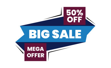 Geometric Ribbon Sale Banner Vector with Bold 50% Off, Big Sale, and Mega Offer Message. Blue and Maroon. Editable
