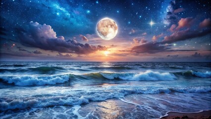 Mystical Seascape Dreamlike Ocean Sunset with Full Moon and Starry Night Sky