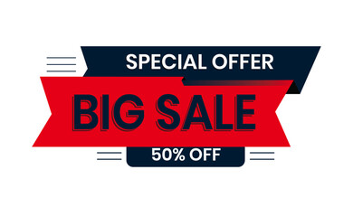 Promotional Vector Banner with Colorful Ribbons and Geometric Shapes for Special Offer and Big Sale. Blue and Red. Editable