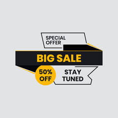 Creative Ribbon and Shape Vector Design Highlighting Big Sale and Special 50% Off Promotion. Yellow and Black. Editable. 