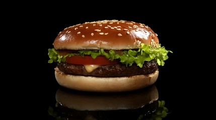Close-up of a delicious cheeseburger on a dark background.