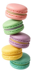 Obraz premium A colorful stack of macarons in pink, green, purple, yellow, and blue flavors showcasing delicate textures.