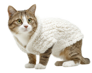 Cat animal pet sweater clothing costume white cozy cute isolated background adorable fur feline domestic mammal fashion winter warm sitting looking whisker green eye soft texture stylish