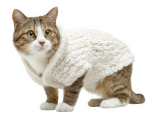 Cat animal pet sweater clothing costume white cozy cute isolated background adorable fur feline domestic mammal fashion winter warm sitting looking whisker green eye soft texture stylish