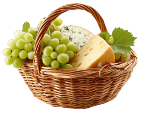 Green grape cheese wicker basket leaf fresh snack isolated healthy dairy picnic delicious natural gourmet rustic food organic appetizer vegetarian fruit slice round yellow white bunch vine blue