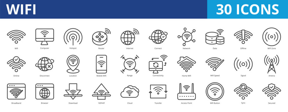 Wifi icon pack collection set for wireless technology networking. With computer, hotspot, router, internet, connection, data, online, connectivity, speed, signal, antenna, broadband, access point