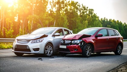 Car crash on road with damage from accident.
