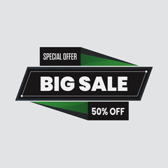 Vibrant Geometric Vector Banner with Ribbons Showcasing Big Sale, Special Offer, and 50% Off Text. Green and Black. Editable