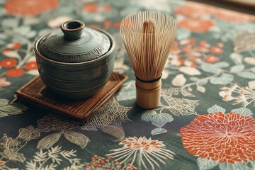 Traditional oriental arts: Bamboo tea whisk and inkstone on table with floral furoshiki cloth, warm domestic light