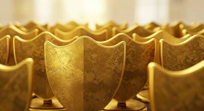 Rows of golden shieldshaped awards with textured surfaces stand in an array against a bright blurred background