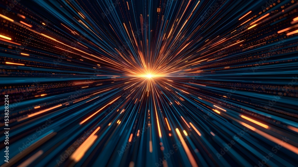 Poster the image shows a stylized depiction of data streams or light beams converging towards a central poi