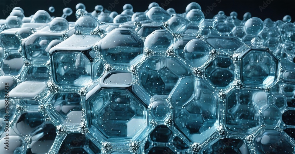 Poster Hexagonal structure, translucent material, bubbles, closeup view. Complex pattern suggests scientific or technological application.