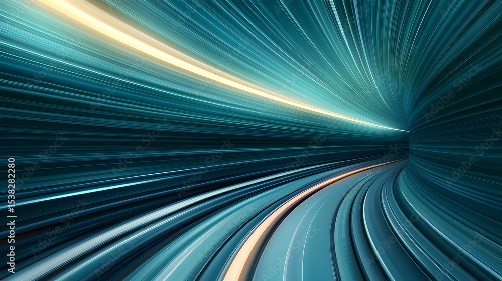 Poster the image shows an abstract representation of a teal-colored tunnel with a glowing yellow line curvi