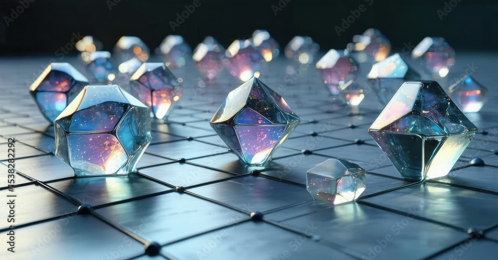 Poster Crystals rest upon grid. Light refracts, creating colorful internal reflections. Dark background emphasizes geometric shapes, depth.
