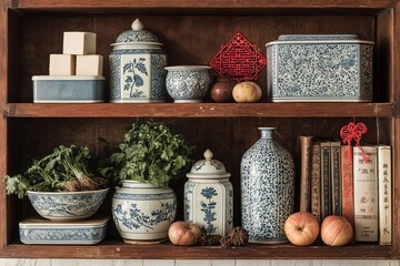 Traditional oriental arts: Hand-painted lanhui porcelain in antique kitchen shelf with tofu, herbs, and paper-cut decorations