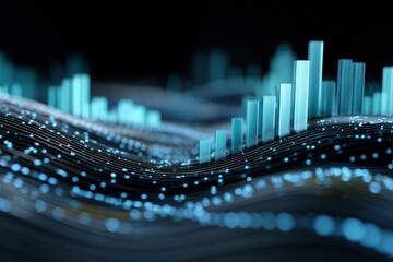 A digital rendering shows blue bars on a dark surface with lit nodes and stringlike lines