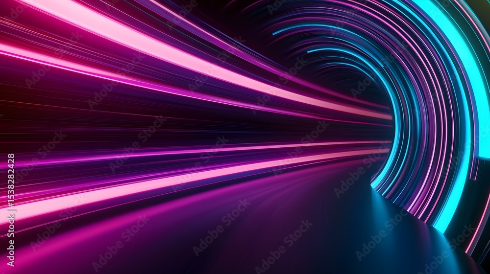Poster the image shows a dark, abstract tunnel with vibrant pink and blue neon lights creating streaks of l