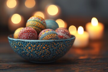 Traditional oriental arts: Temari embroidered balls in ceramic dish, wooden table, candlelight and bokeh blur