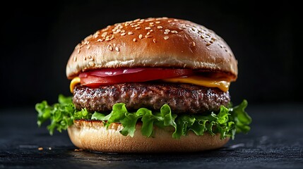 Close-up of a delicious cheeseburger on a dark surface.