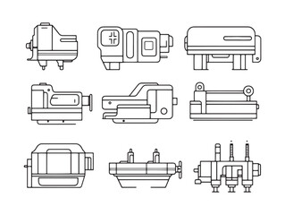 injection molding machine industrial manufacturing process line art vector 