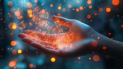 A hand seemingly interacts with floating healthcare icons, creating a concept of modern health management amid glowing bokeh lights