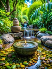 Serene water feature surrounded by lush greenery and meditation stones in a tranquil outdoor setting