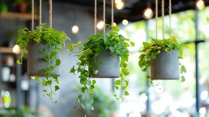 Hanging concrete planters with cascading greenery.