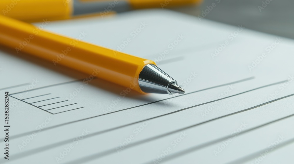 Poster yellow pen resting on notebook in calm office setting