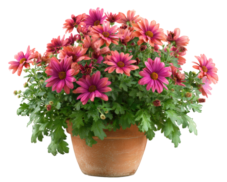 Pink chrysanthemum flower in terracotta pot, lush green foliage, isolated on transparency background, vibrant and cheerful home decor, perfect for indoor or outdoor garden display
