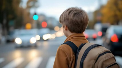 Young boy with backpack standing on city street crosswalk during evening traffic with blurred car lights in the background