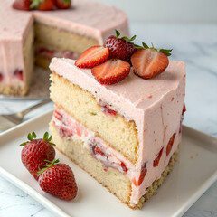 Delicious strawberry cake slice with whipped cream and fresh strawberries  
