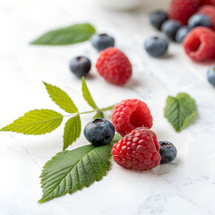 Fresh raspberries and blueberries with green leaves on marble background  