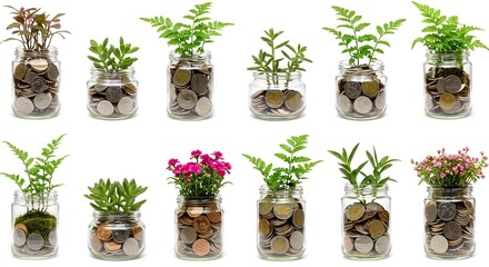 Jars of coins with plants  flowers grow from them