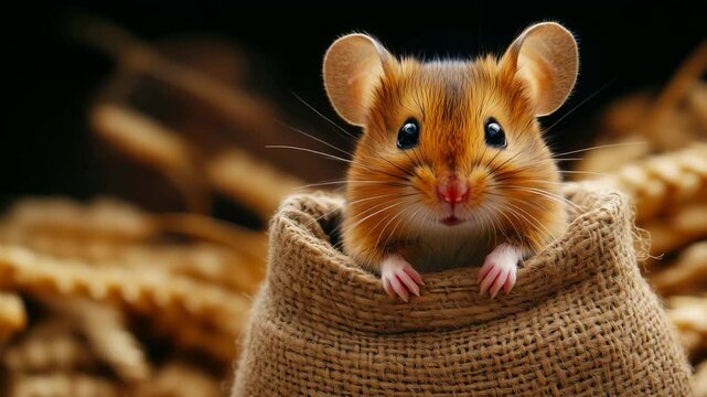 Cute little mouse with big ears and bright eyes peeking out from a burlap sack with a blurred background of grains