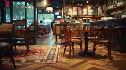 A cafe interior with wooden tables and chairs.