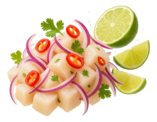 Fresh ceviche with cubed fish, red onion, cilantro, and chili slices, garnished with lime wedges.