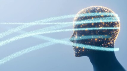 Abstract human head silhouette filled with glowing particles intersected by dynamic light beams representing artificial intelligence and data processing - Powered by Adobe