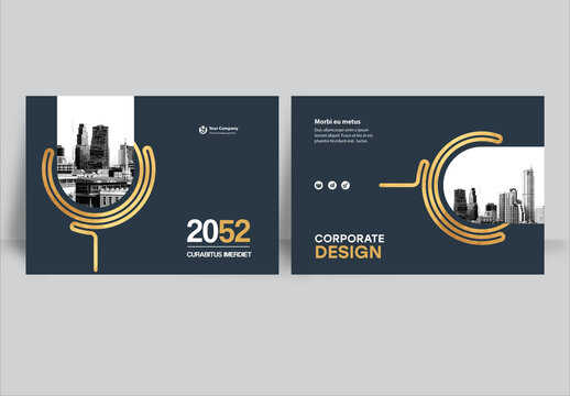 Business report cover design in gold and black geometric layout : Corporate landscape template with modern abstract shapes and cityscape elements.