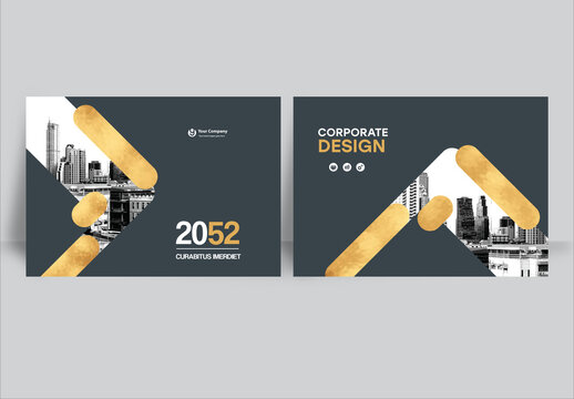 Business report cover design in gold and black geometric layout : Corporate landscape template with modern abstract shapes and cityscape elements.