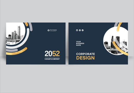 Business report cover design in gold and black geometric layout : Corporate landscape template with modern abstract shapes and cityscape elements.