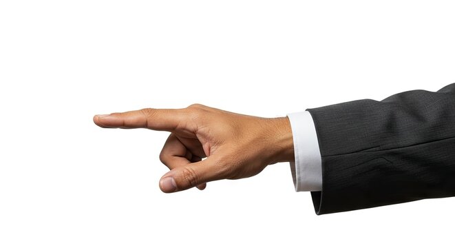 A business hand wearing a suit pointing left